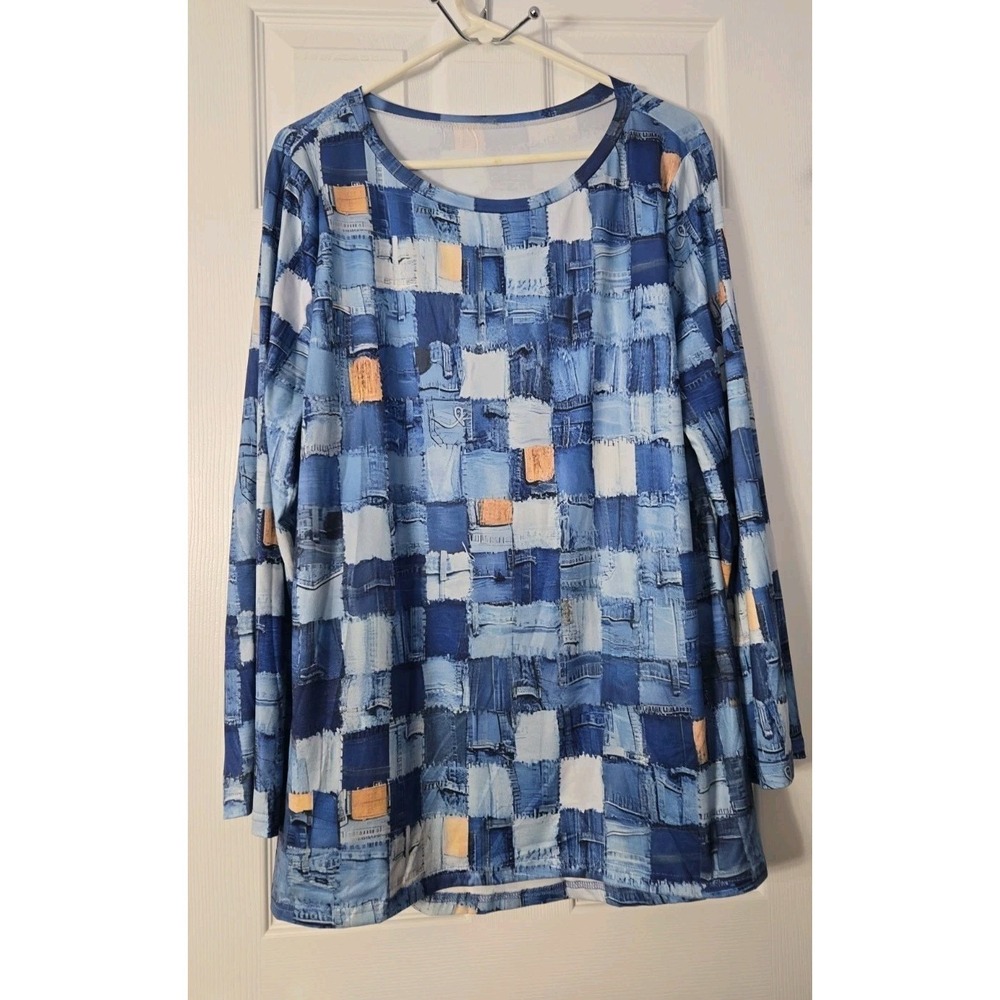 Womans Unbranded Long Sleeve Blouse Size XL Jean Print Design Blue